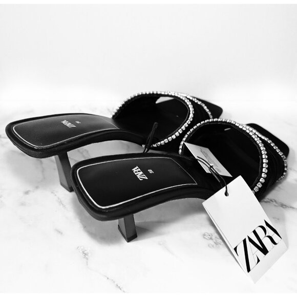 Zara Black Rhinestone High Heel Sandals Size 7.5 US 38 Square Toe Slip On New - Picture 4 of 12